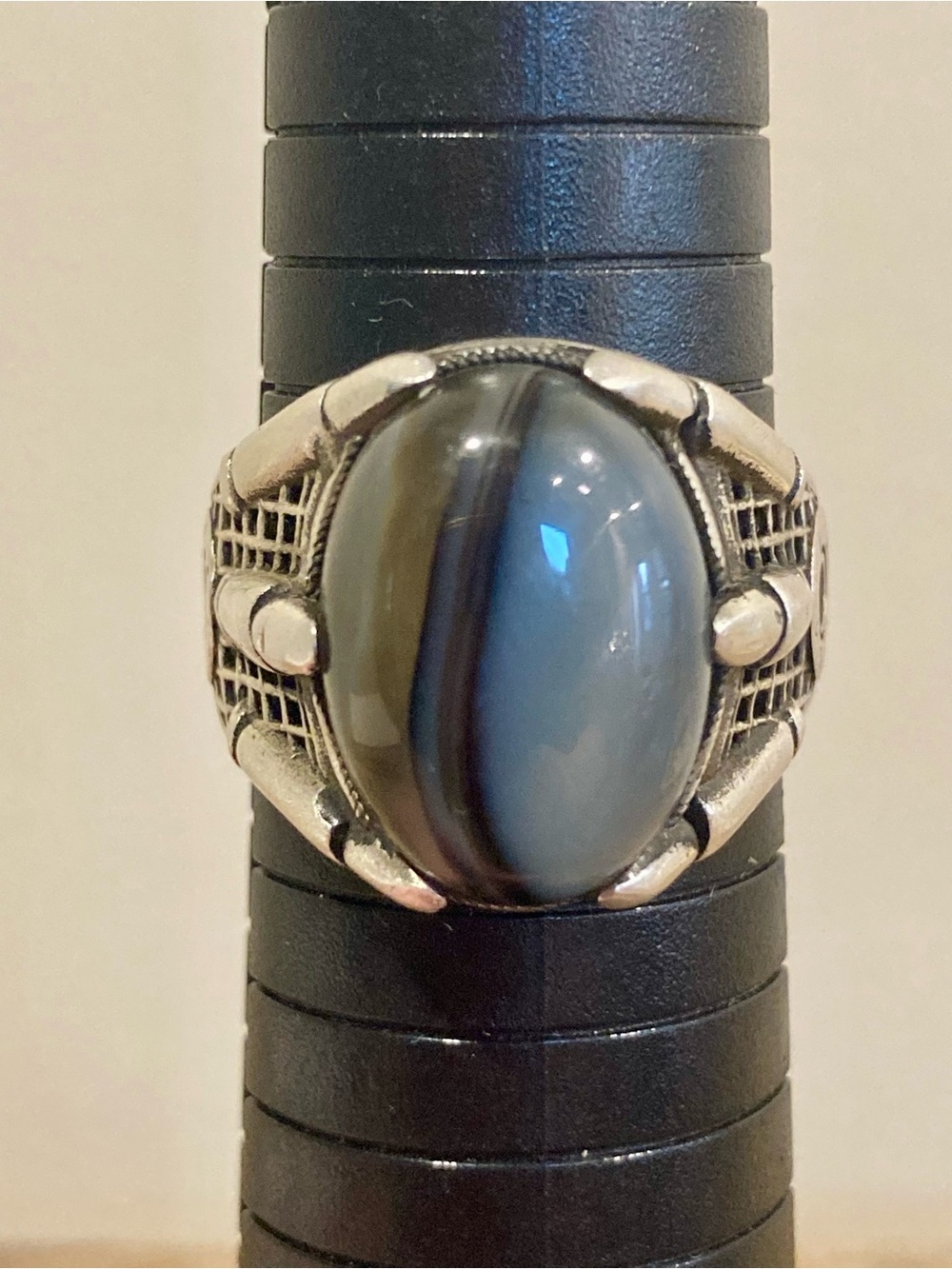 Sterling Silver Men's Statement Ring w/ Brown & Gray Cabochon Stone Dragon Claw - Picture 12 of 15